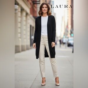 Laura, Black Open-Front Cardigan, Size L, Classic Workwear Layer
